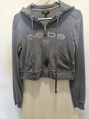 bebe Cropped Gray Rhinestone Logo Zip Hoodie